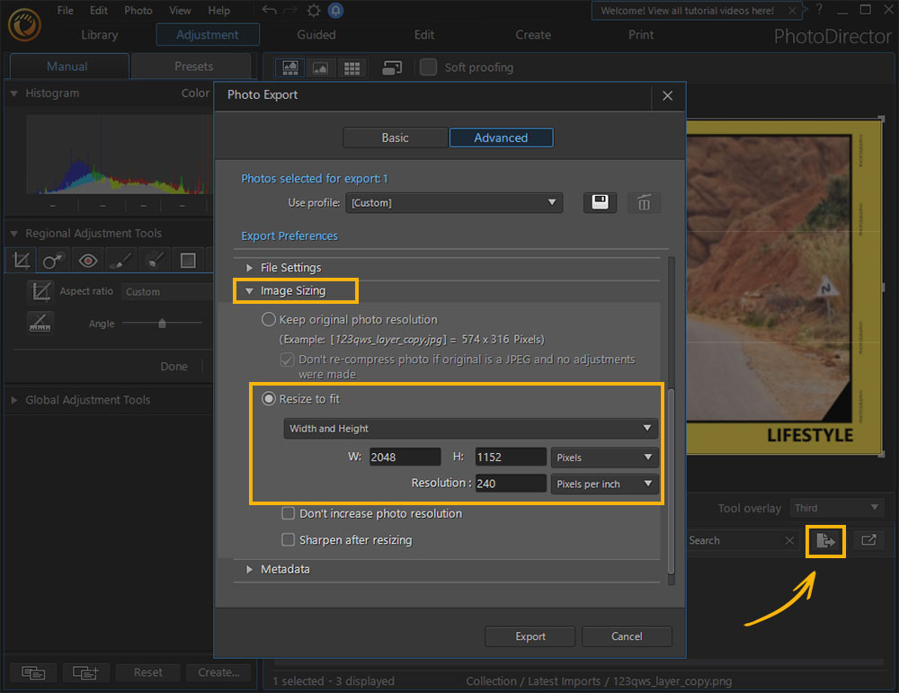 PhotoDirector - Image Sizing