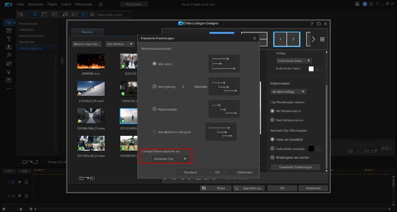 Erweiterte Einstellungen in Videocollage-Designer - PowerDirector