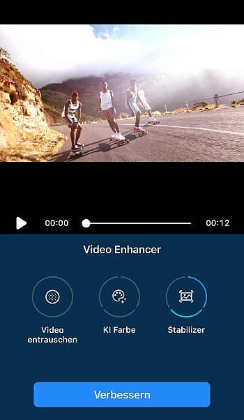 KI-gestützter Video Enhancer. Wähle Stabilisierung aus.