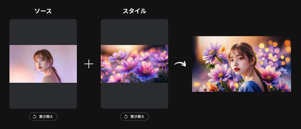 MyEdit AI 画像フュージョン ソースとスタイル画面