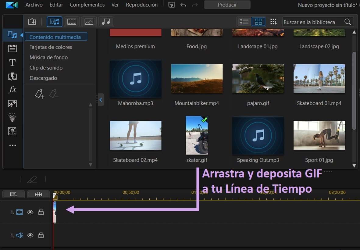 arrastra y deposita gif en linea de tiempo