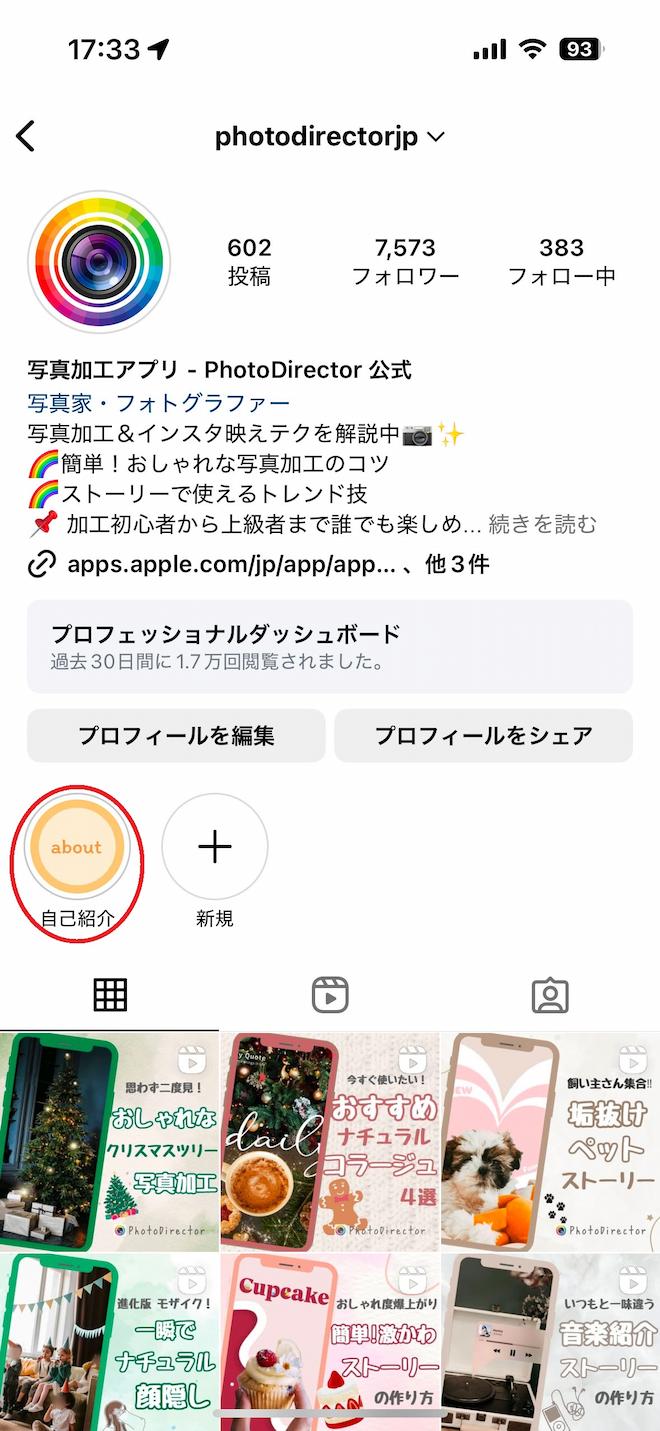 インスタ　プロフィール ハイライト追加完成画面