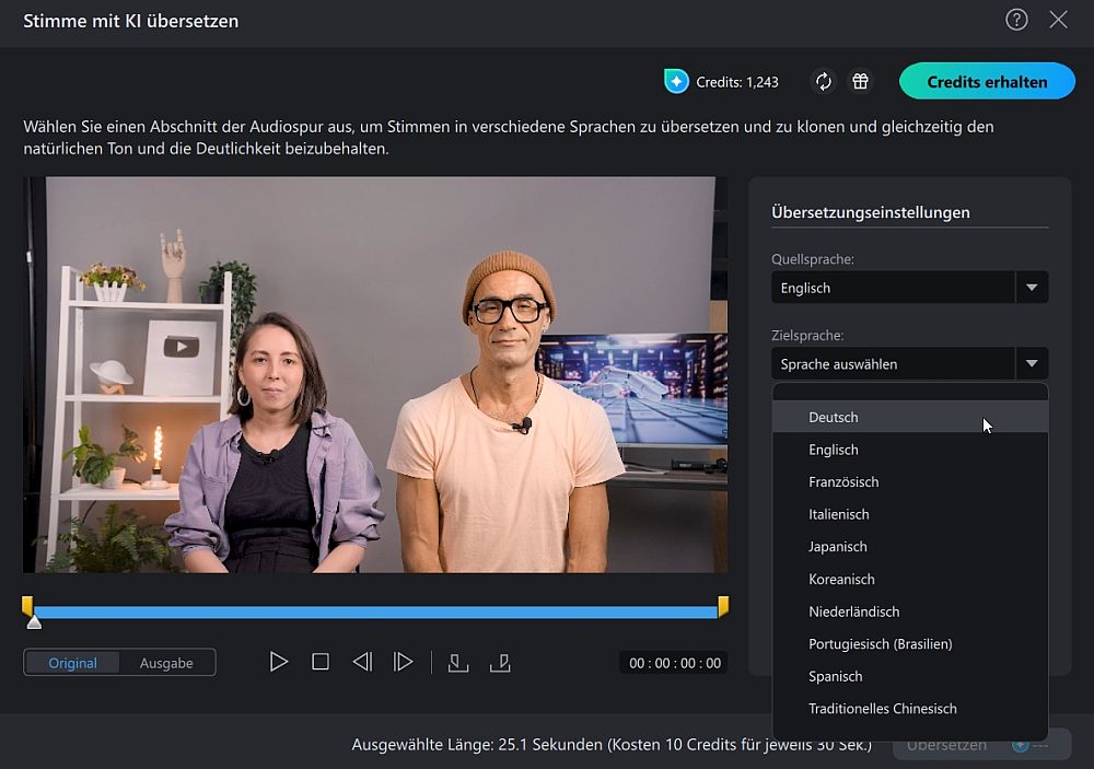 Zielsprache für die Videoübersetzung auswählen