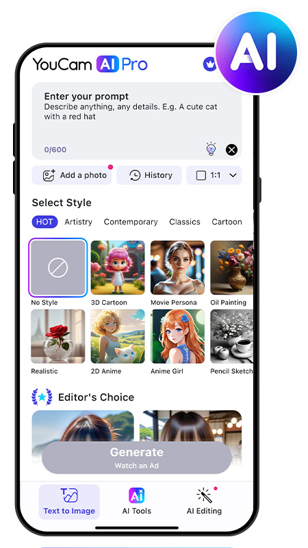 Text to Image UI of YouCam AI Pro to generate AI girls