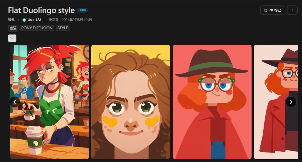 Tensor Art: Flat Duolingo Style with Pony+LoRA