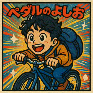 有名食玩シール風イラストから生成した動画 自転車をこぐ男性