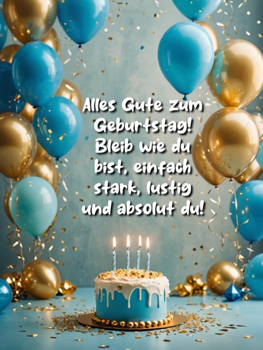 Geburtstags-Bild mit Gruß: 'Alles Gute zum Geburtstag! Bleib wie du bist, einfach stark, lustig und absolut du!'