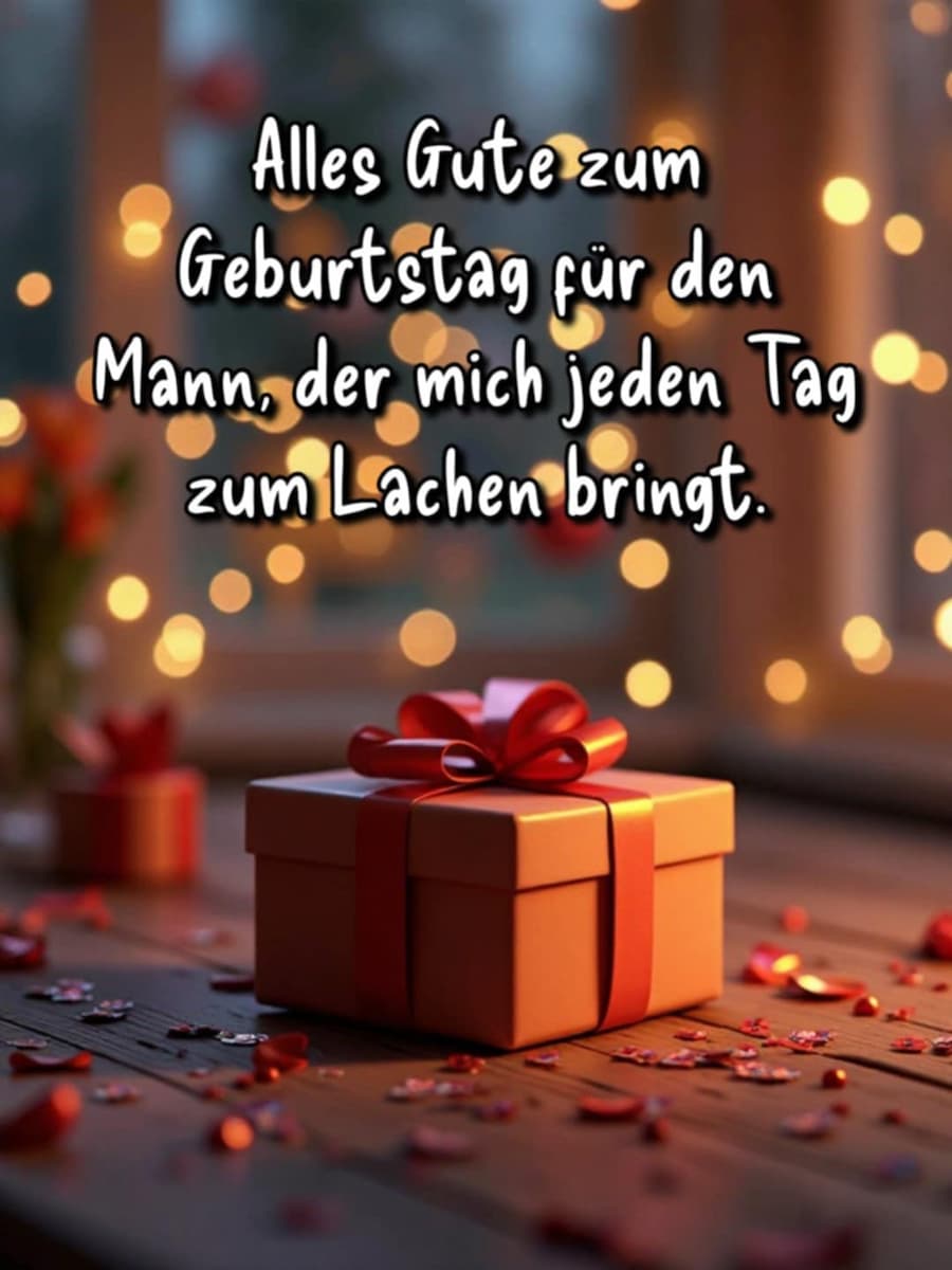 Geburtstags-Bild mit Gruß: 'Alles Gute zum Geburtstag für den Mann, der mich jeden Tag zum Lachen bringt.'