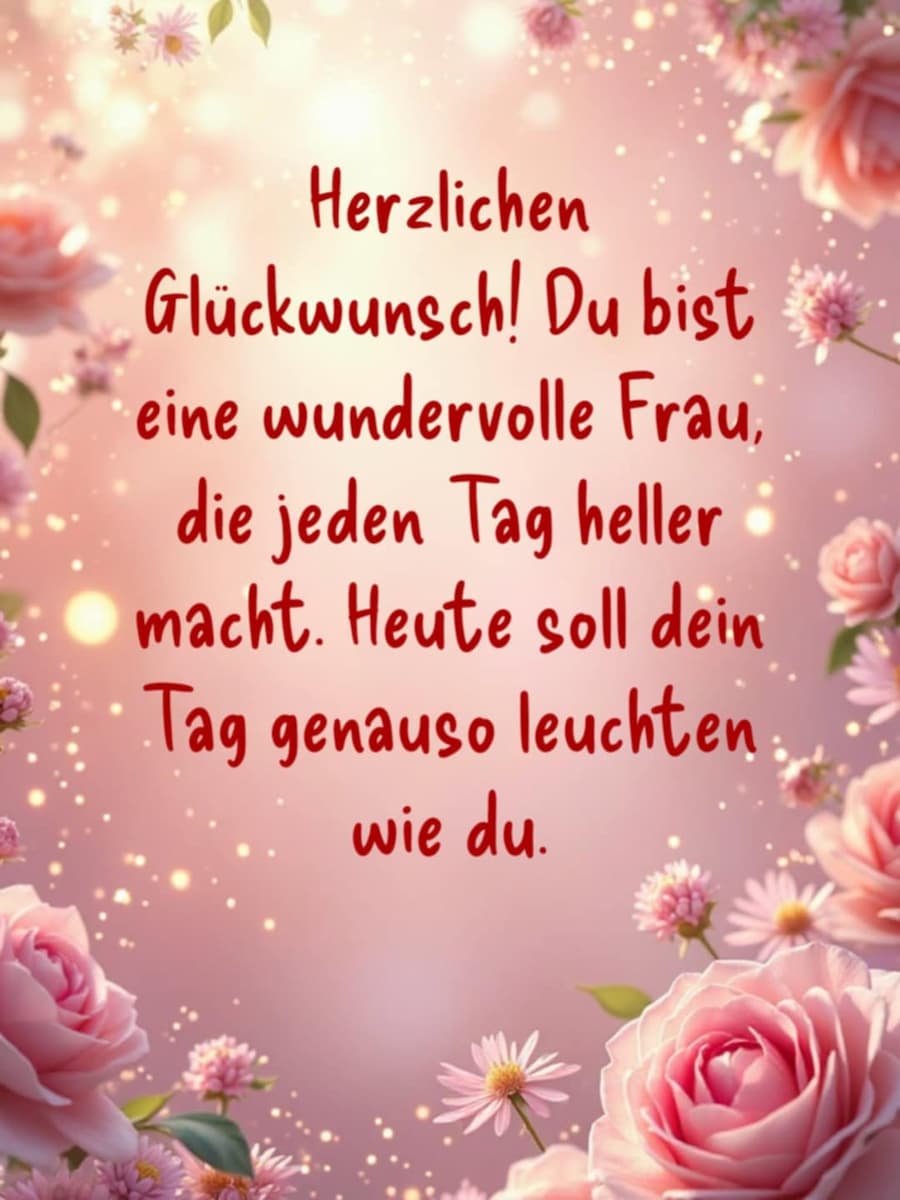 Geburtstags-Bild mit Gruß: 'Herzlichen Glückwunsch! Du bist eine wundervolle Frau, die jeden Tag heller macht. Heute soll dein Tag genauso leuchten wie du.'