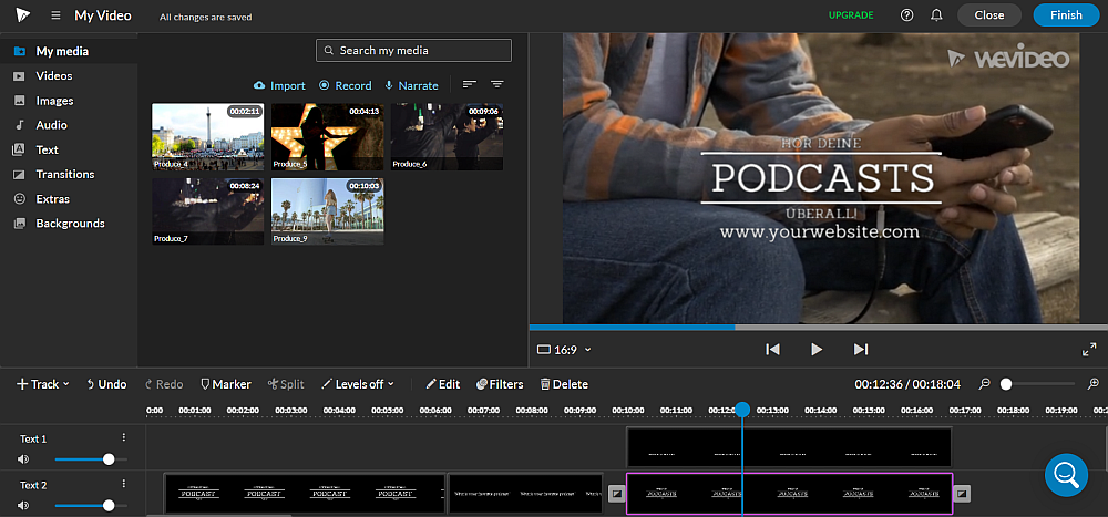 Die Oberfläche von WeVideo mit einer Vorlage für Podcasts