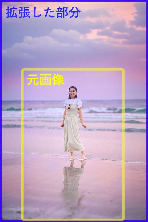 モバイル版 PhotoDirector サイズ調整 「AI 画像拡張」 適用後