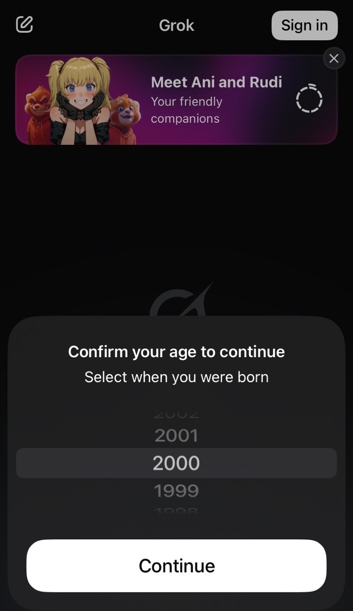 Confirmation d’âge pour Grok Ani