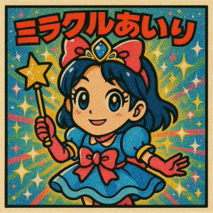 有名食玩シール風イラストから生成した動画 魔法の杖を振る女性