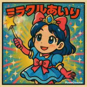 有名食玩シール風イラストから生成した動画 魔法の杖を振る女性 エフェクト付き