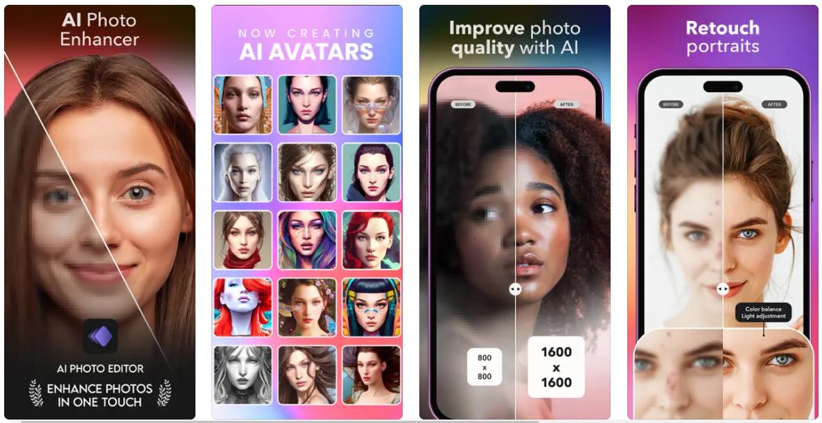 Image From PhotoTune App Store PhotoTune features including AI photo enhancer, AI Avatars, improve photo quality with AI and retouch portraits.