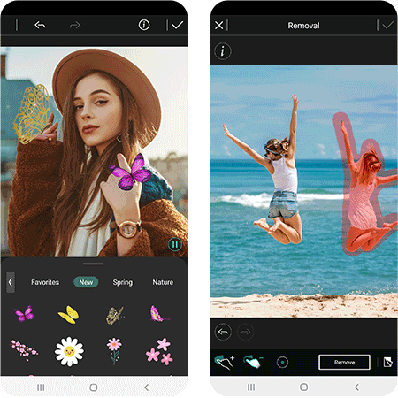 Use the best photo editor app PhotoDirector Mobile to add animated stickers or remove people from pictures