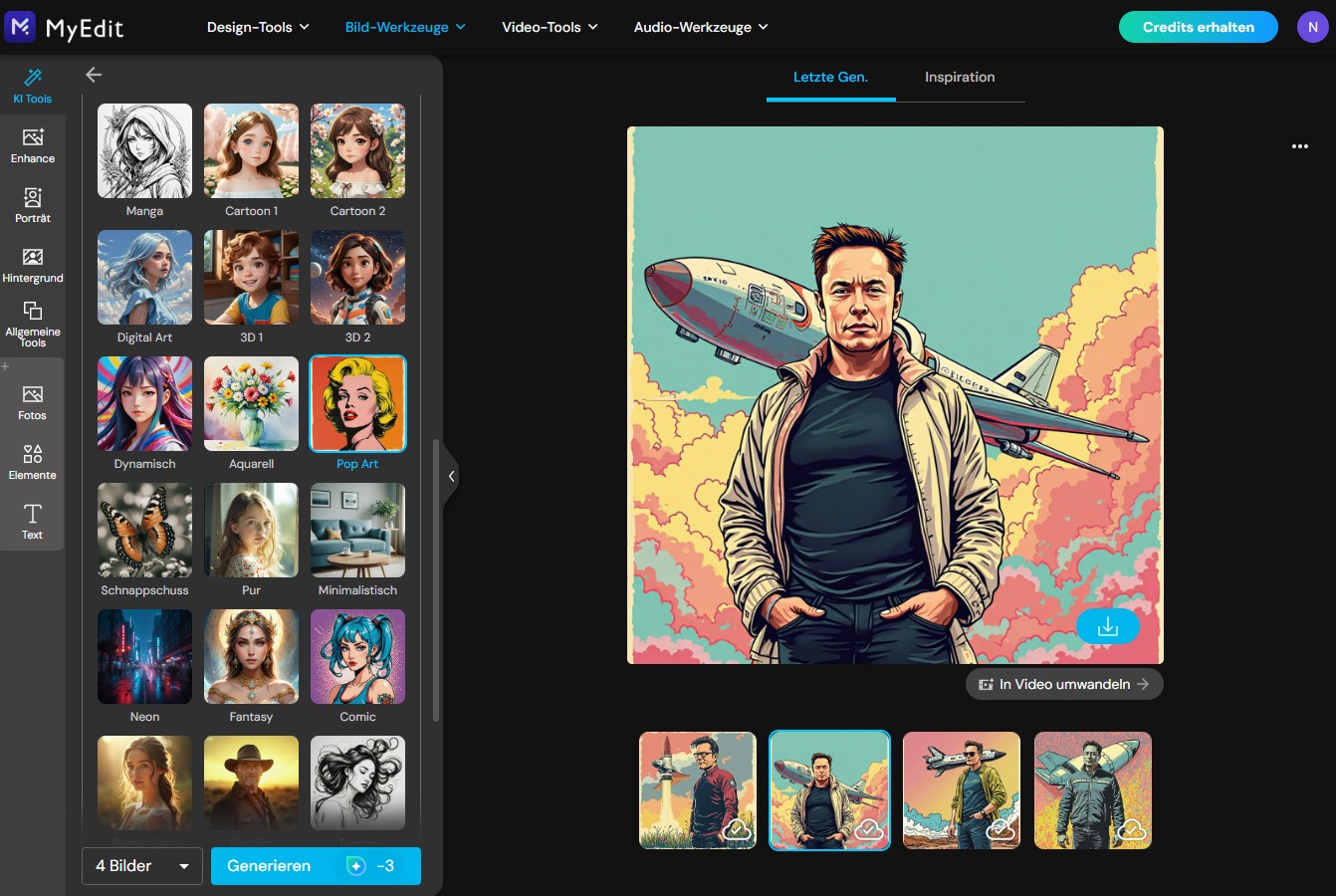 MyEdit KI-Bildgenerator Elon Musk im Pop-Art-Stil MyEdit KI-Bildgenerator Elon Musk im Pop-Art-Stil