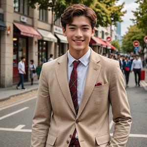 MyEdit AI 画像生成 男子高校生ベージュブレザー×赤チェックパンツ スタイル:リアル反映画像2