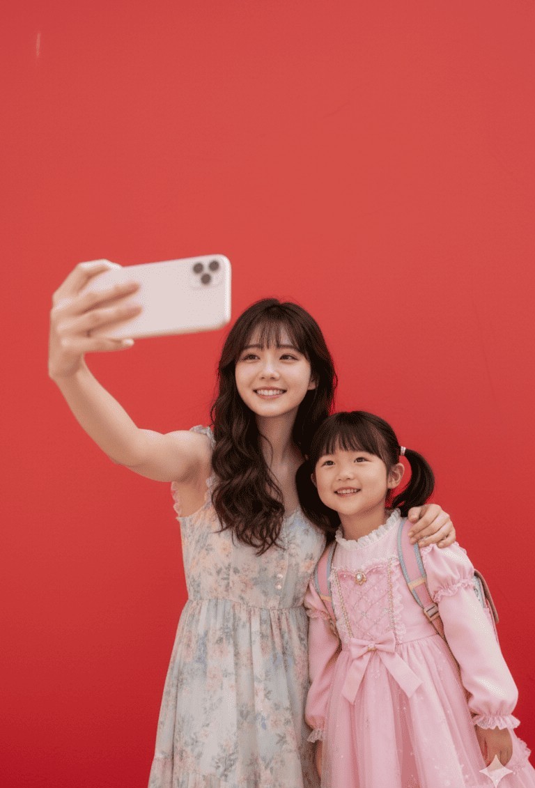 AI 小時候合照：紅背景自拍