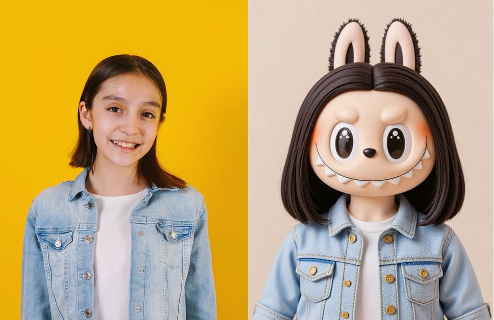 Labubu KI-Filter Vorher-Nachher: Mädchen in blauer Jeansjacke. 