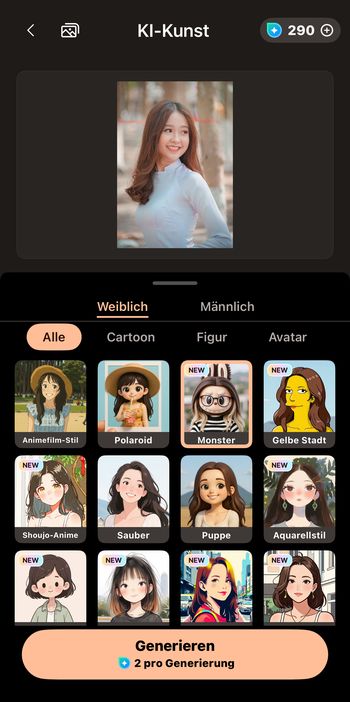 Foto laden und KI-Filter Monster auswählen, um ein Labubu-Bild zu erstellen