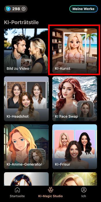 PhotoDirector KI-Studio: Für den Labubu-Filter die Funktion KI-Kunst auswählen