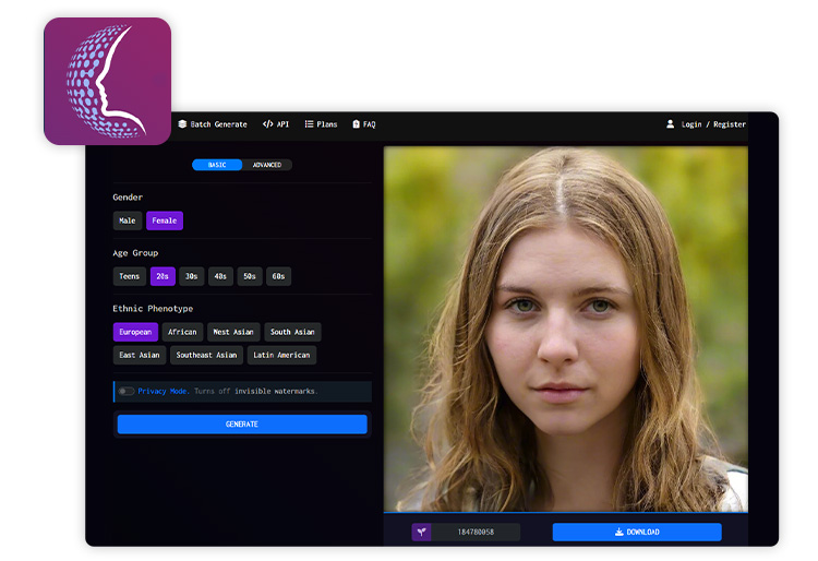 screenshot of Face Studio's AI face generator feature