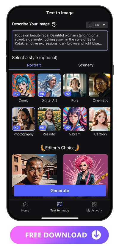 text to image UI of Vivid AI with text prompt to generate AI faces