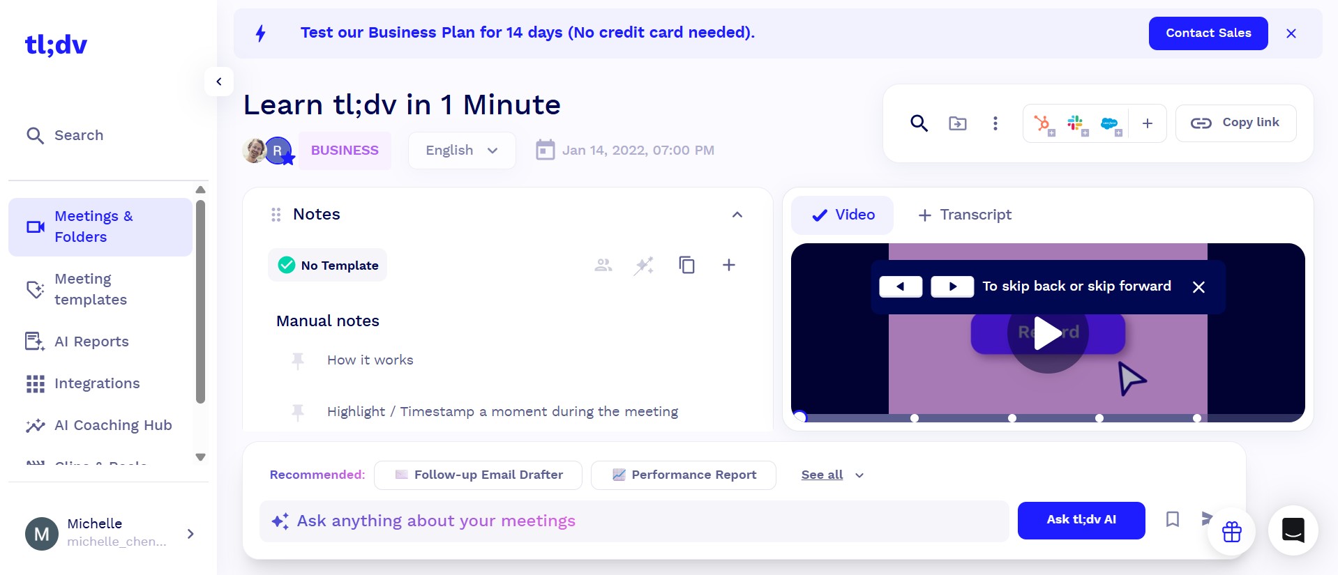 AI會議記錄線上工具 tl;dv