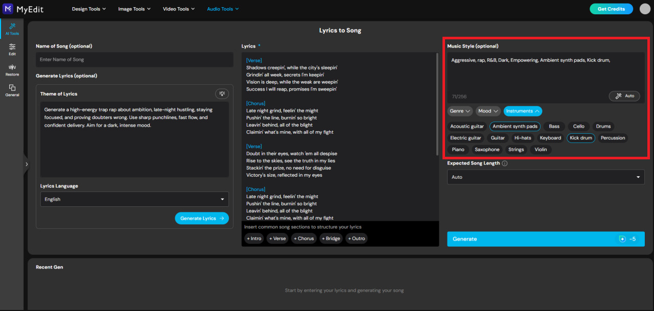 Select rap style and instruments with AI