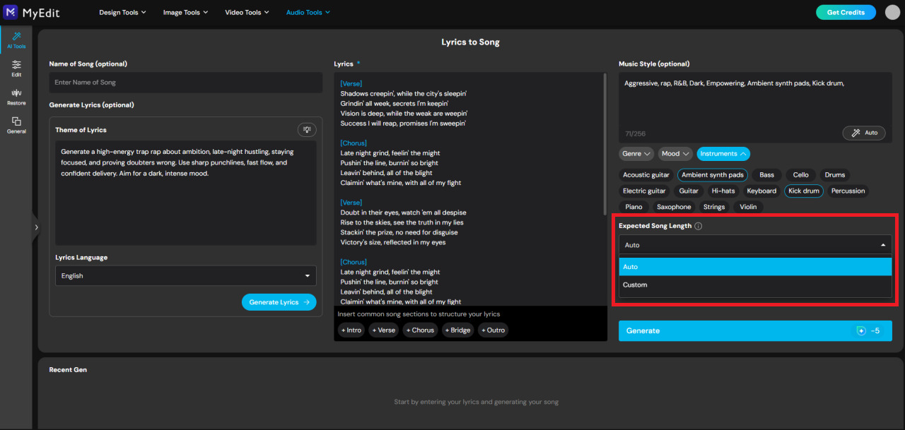 Set song length for AI rap