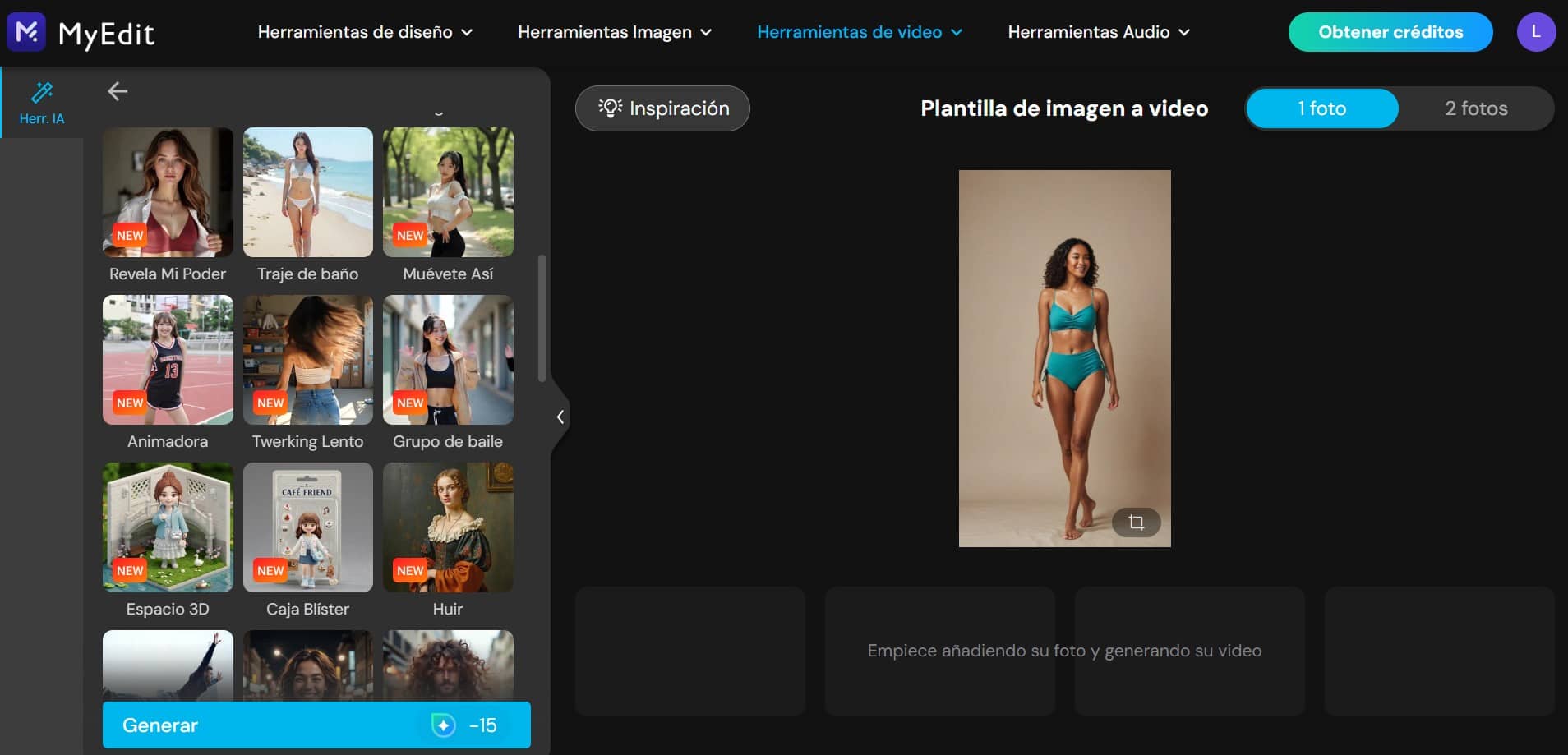 Interfaz del generador de imágenes con IA en MyEdit