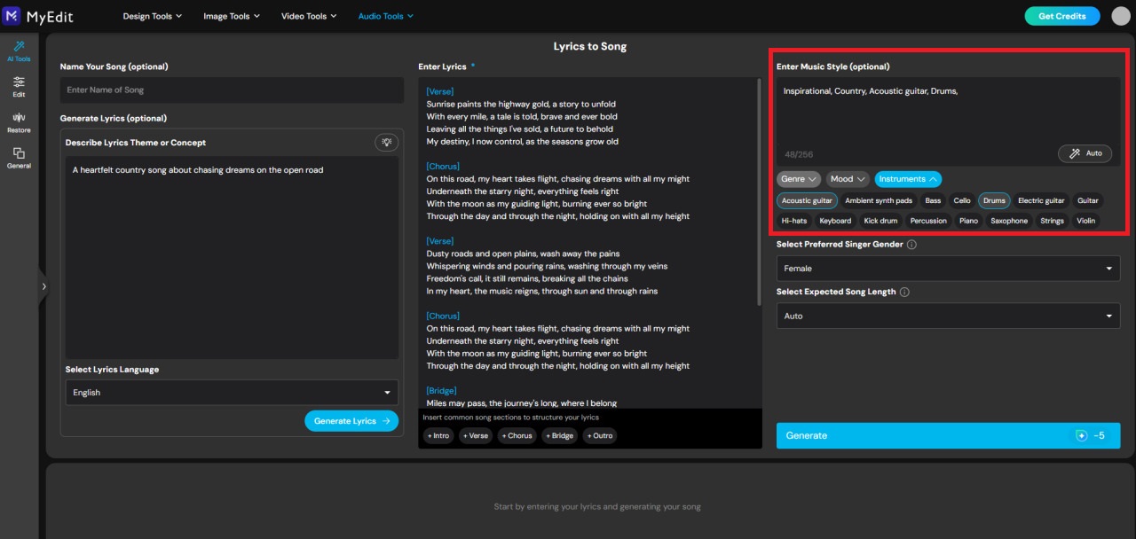Customize instruments and vocals for AI song