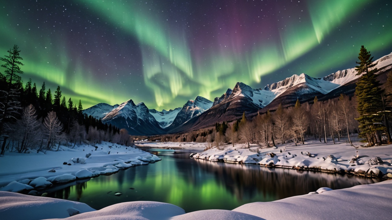 Eine atemberaubende Winternacht, in der das Nordlicht in leuchtenden Grün- und Violetttönen über den Himmel tanzt.