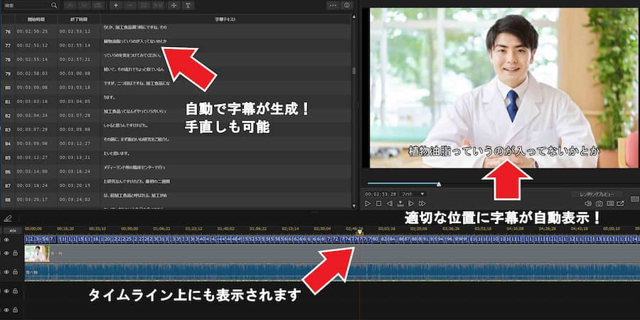 PowerDirector 編集 AI 自動文字起こし画面