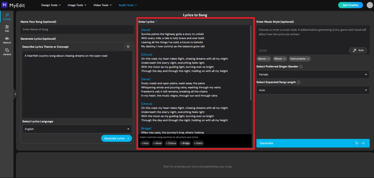 Generate AI lyrics and melody