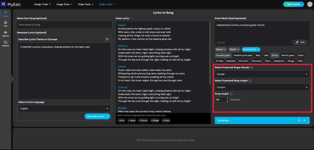 Set song length and select singer gender for AI song