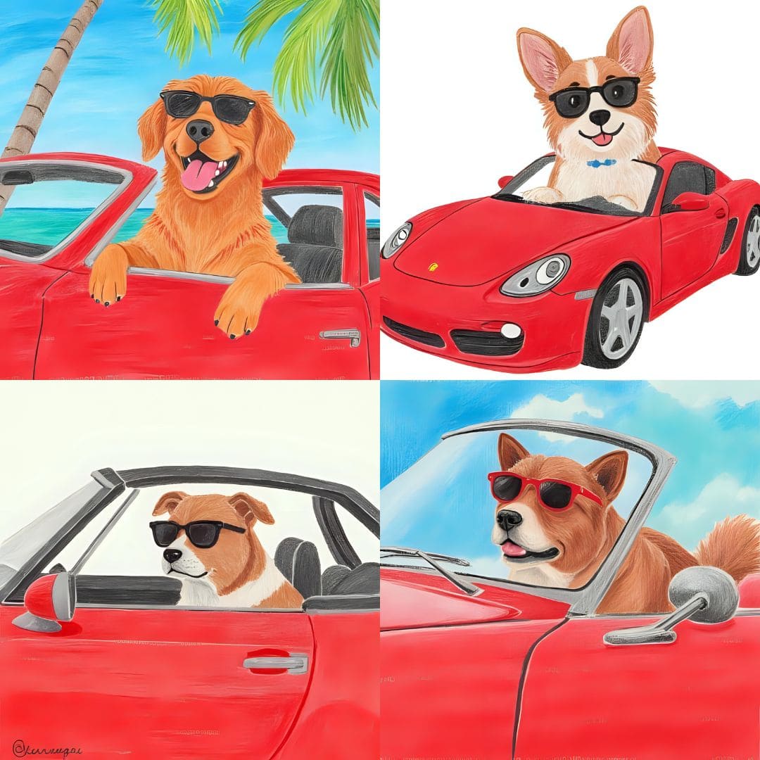 Canva AI 生成圖片範例:戴墨鏡的狗坐在紅色跑車上