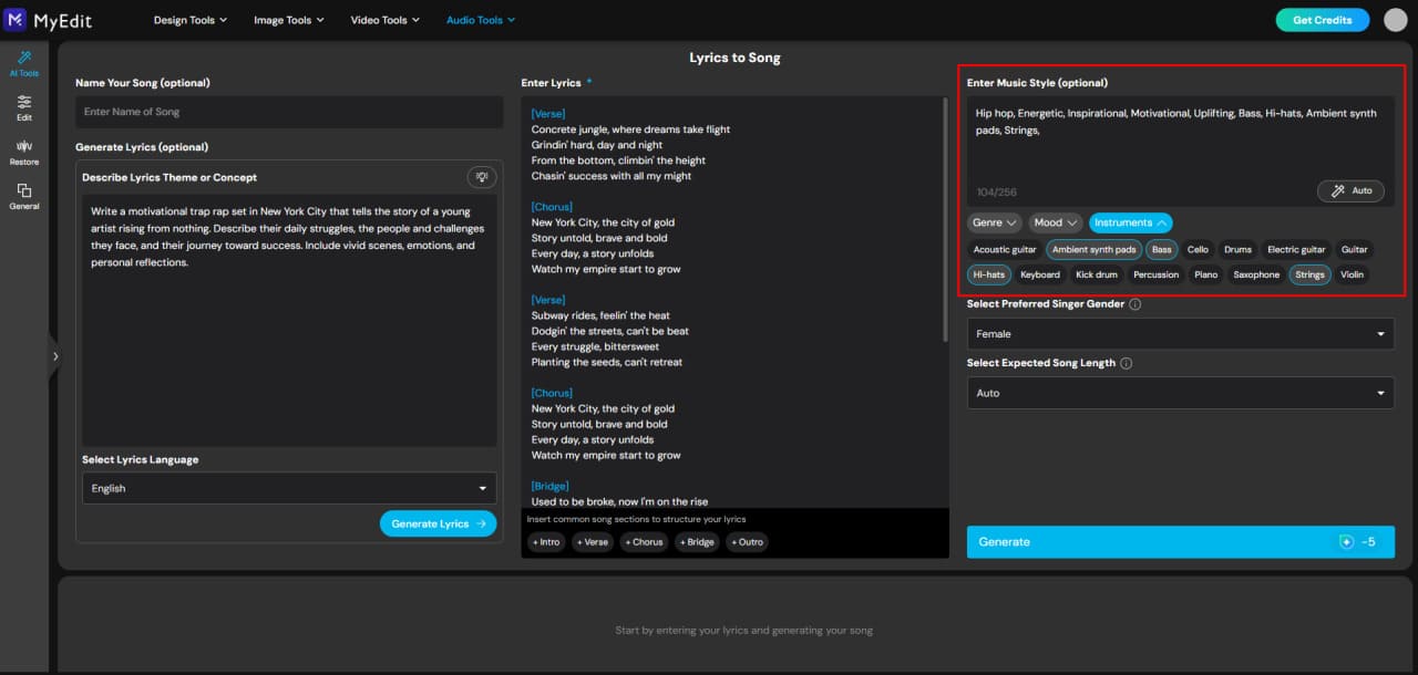 Select rap style and instruments with AI