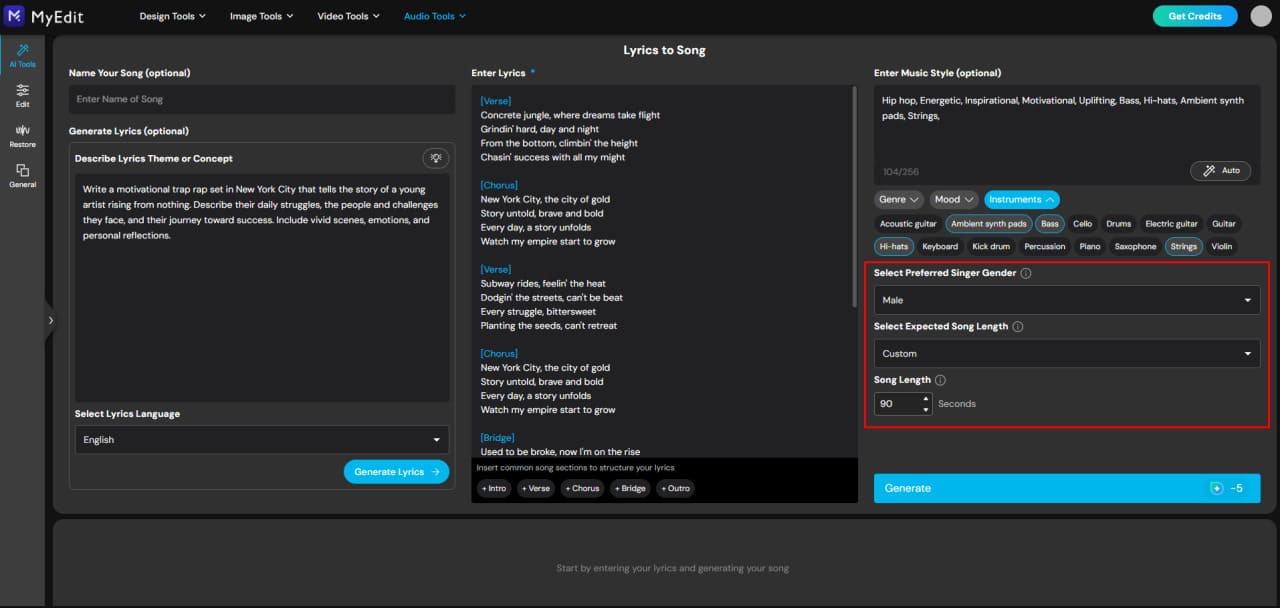 Set song length and singer gender for AI rap