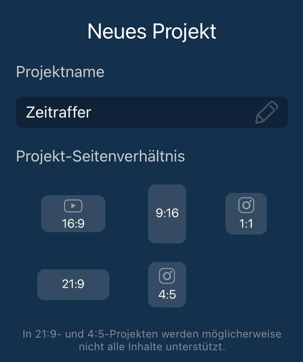 PowerDirector App - Neues Projekt erstellen