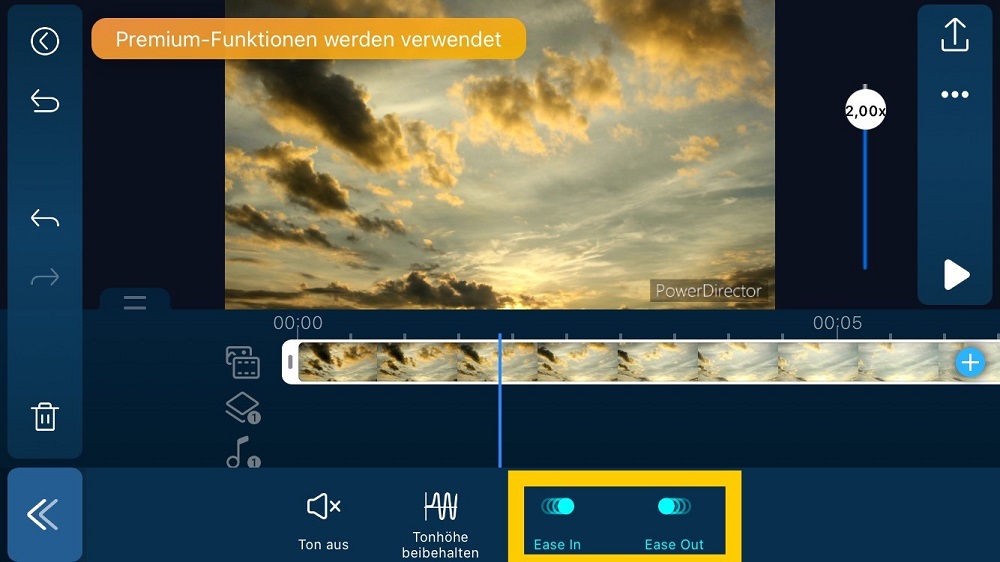 Powerirector App - Ease in und Ease Out für Zeitraffer-Video