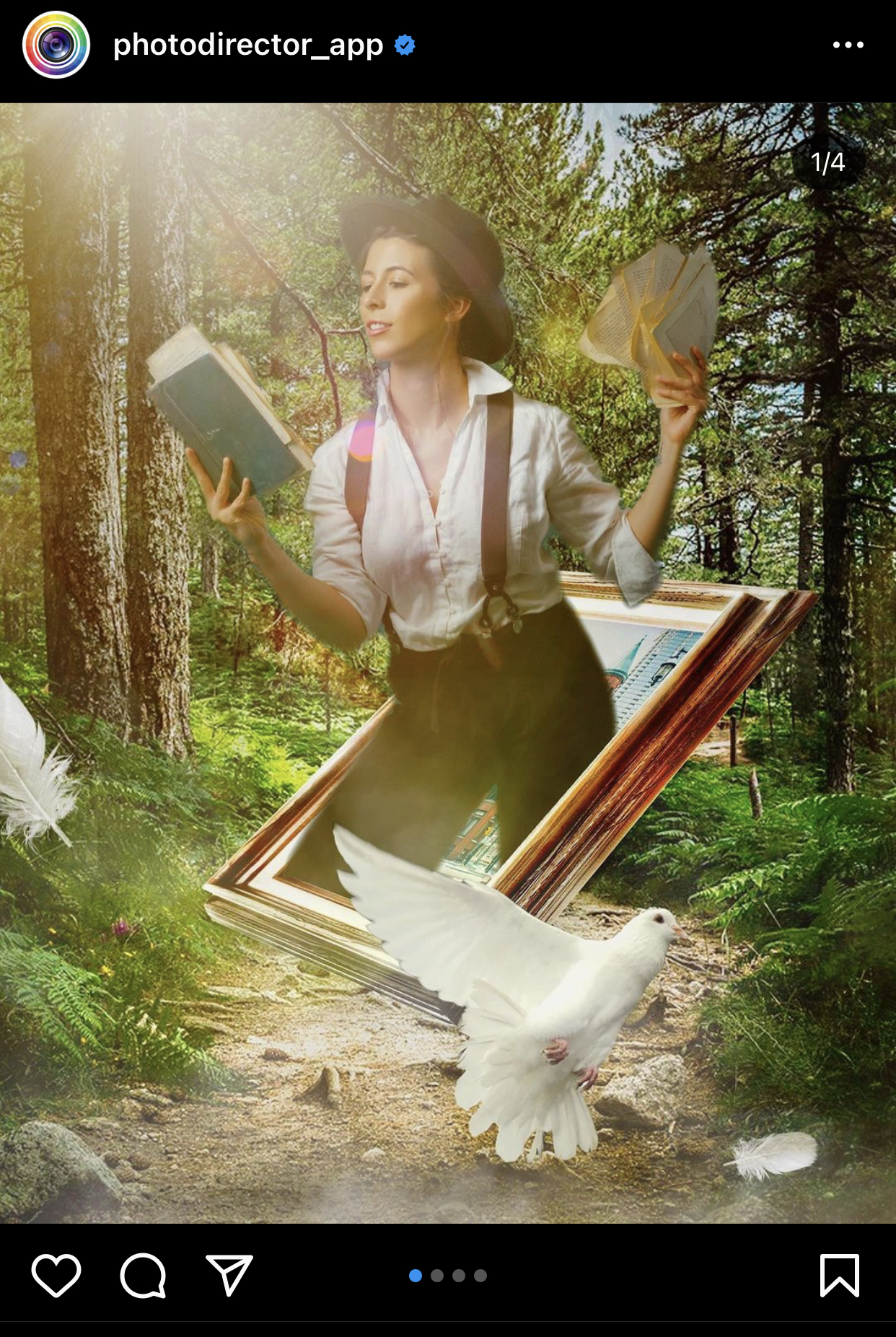 surreal image of a woman comming out of a portrait with a book in her hand