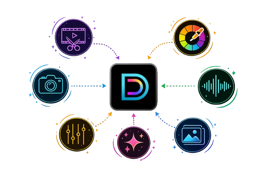 Video editing, color grading, photo editing, audio mixing, AI tools, and stock library icons converging into the Director Suite icon