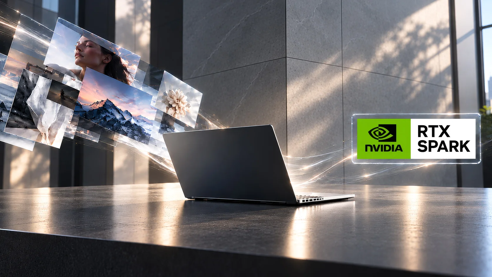 Laptop su un tavolo di pietra, con foto che sgorgano dal suo schermo, al fianco di un distintivo NVIDIA RTX Spark