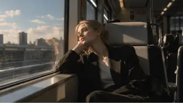 Una donna guarda il panorama urbano fuori dal finestrino di un treno illuminato dal sole