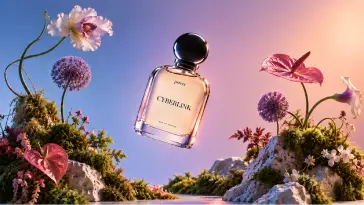 Bottiglia di profumo CyberLink che galleggia tra piante fiorite, con un cielo rosa e azzurro sullo sfondo