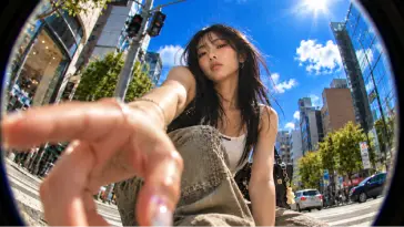 Selfie con effetto fisheye di una giovane donna in salopette che allunga il braccio verso la fotocamera, in una strata cittadina assolata