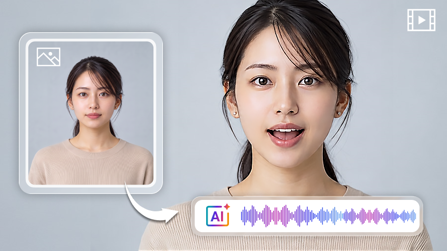 写真とイラストの口元が音声に合わせて動くAIリップシンクの例