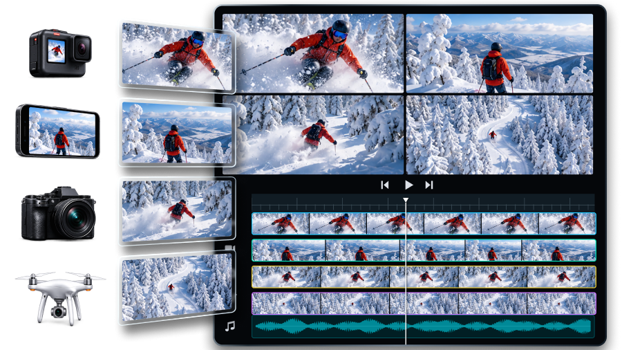 ビデオカメラとスマホ、ドローンで撮影した映像をまとめて読み込んだ画面